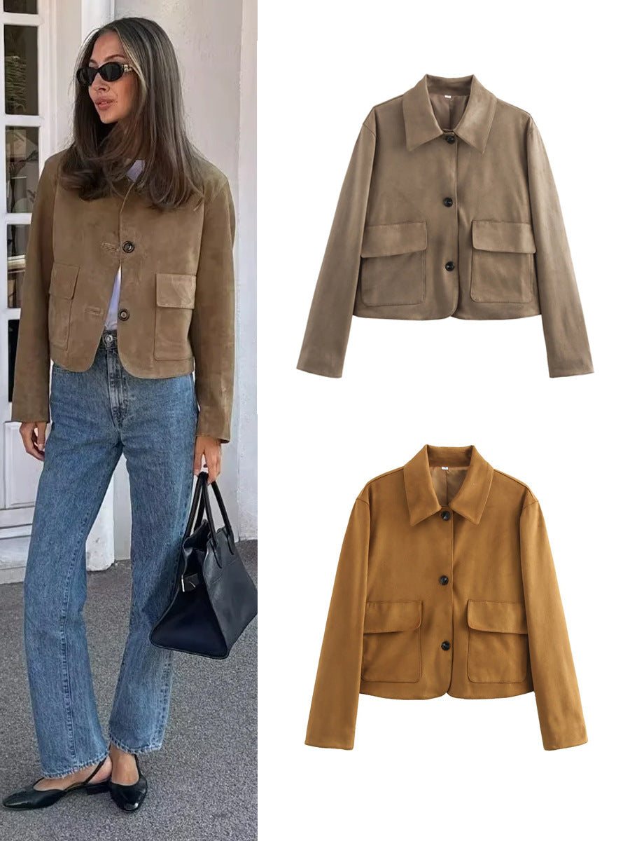 Damen modische Kurzjacke aus hochwertigem Wildlederimitat mit praktischen Taschen Drune