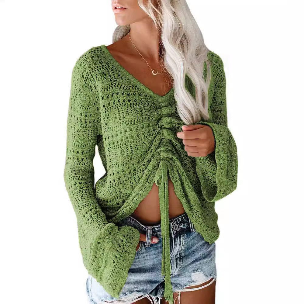 Damen angesagter V-Ausschnitt Pullover mit Raffung Drune
