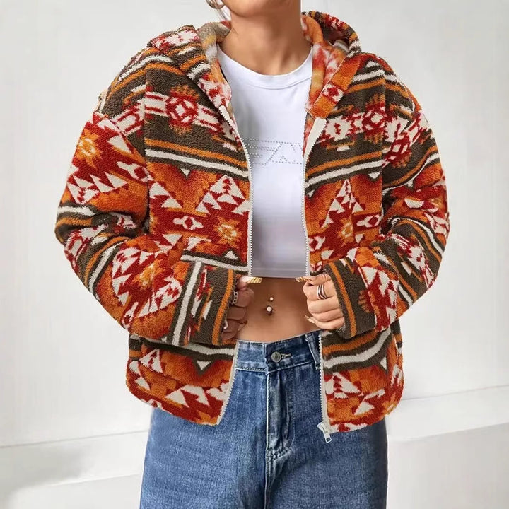 Damen Wendejacke mit ethnischem Muster und gemütlichem Teddyfell Drune