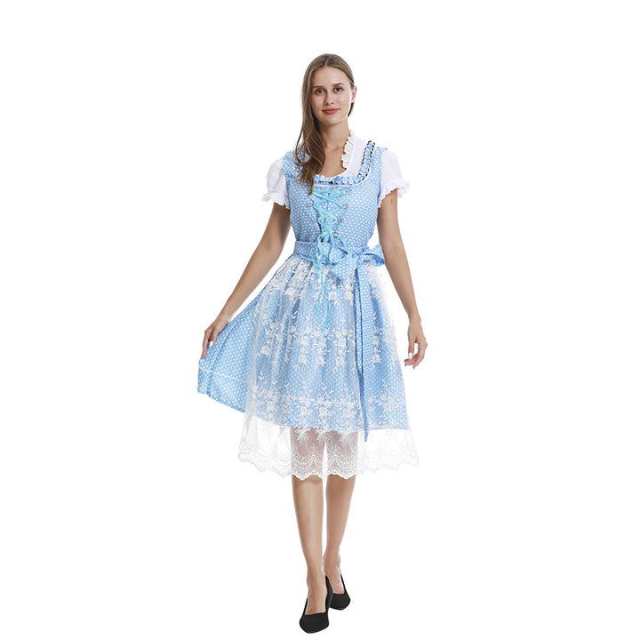 Damen nan romantisches Alpenkleid mit geschnürtem Mieder, Spitzeneinsatz und Taillenschärpe Drune