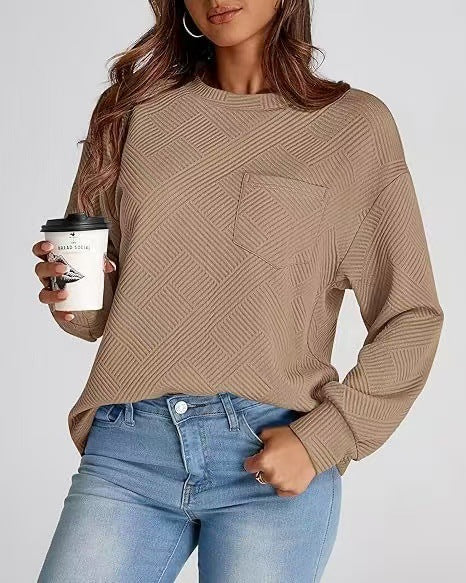 Damen lässiger Sweatshirt mit strukturiertem Design und aufgesetzter Brusttasche Drune