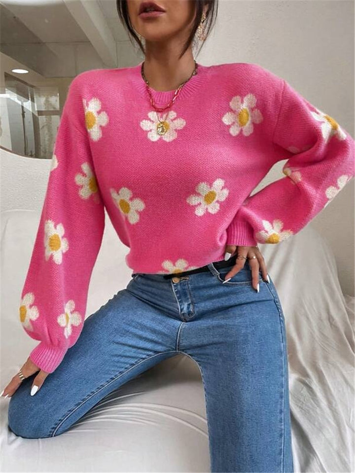 Damen Strickpullover mit verspieltem Blumenmuster und eleganten Puffärmeln Drune