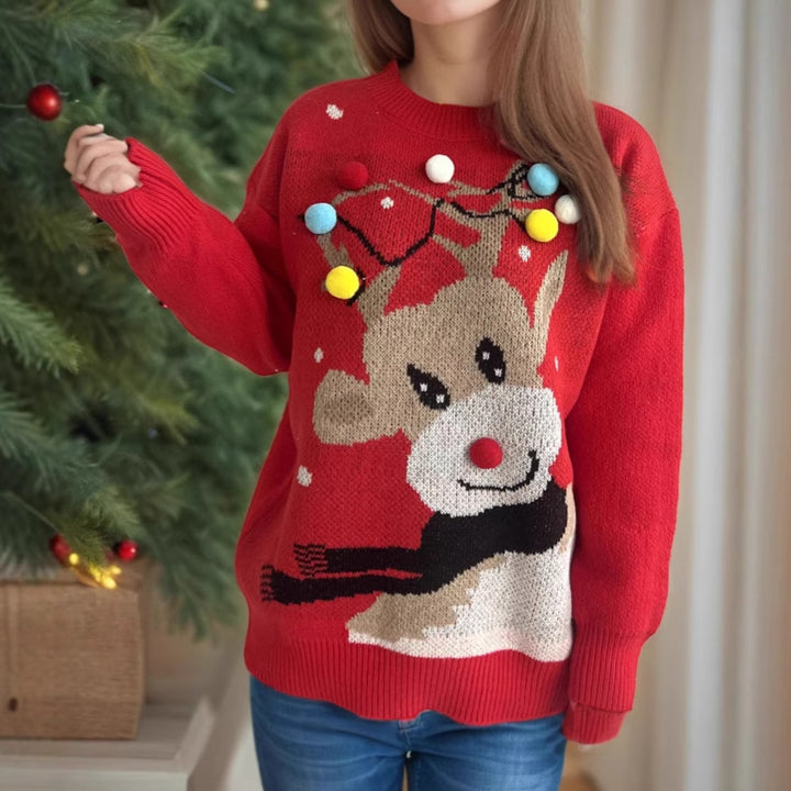 Damen weihnachtlicher Pullover mit einzigartigem Rentiermotiv und bunten Applikationen Drune