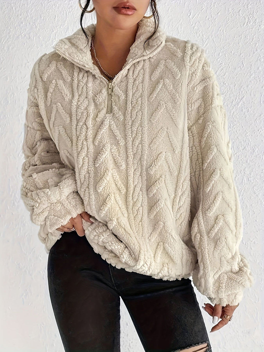 Damen Fleece Pullover mit hohem Kragen und strukturiertem Design Drune