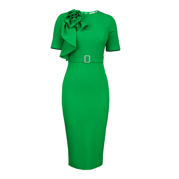 Damen Figurbetontes Kleid mit waisted Gürtel und origineller Blütenapplikation Drune