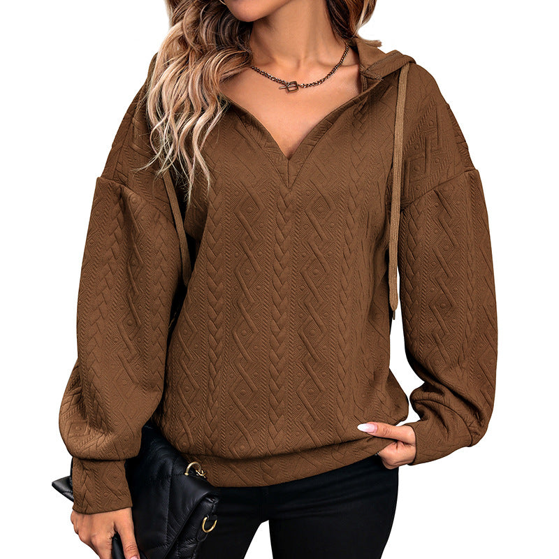 Damen bequemer Hoodie mit strukturiertem Muster und V-Ausschnitt Drune