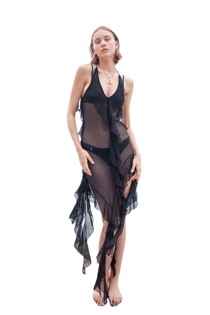 Damen luftiges Strandkleid mit Rüschendetails und spannender Transparenz Drune