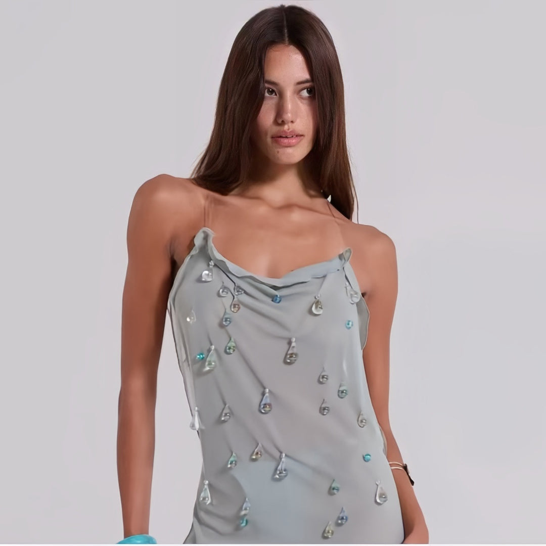 Damen Elegantes Minikleid mit raffiniertem Wasserfall-Ausschnitt und schimmernden Schmuckdetails Drune