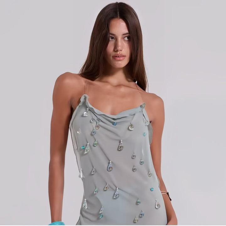 Damen Elegantes Minikleid mit raffiniertem Wasserfall-Ausschnitt und schimmernden Schmuckdetails Drune