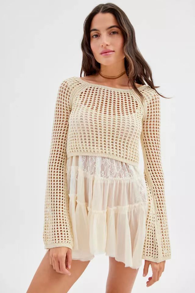 Damen gehäkeltes Crop-Top mit weiten Ärmeln und bunten Streifen Drune