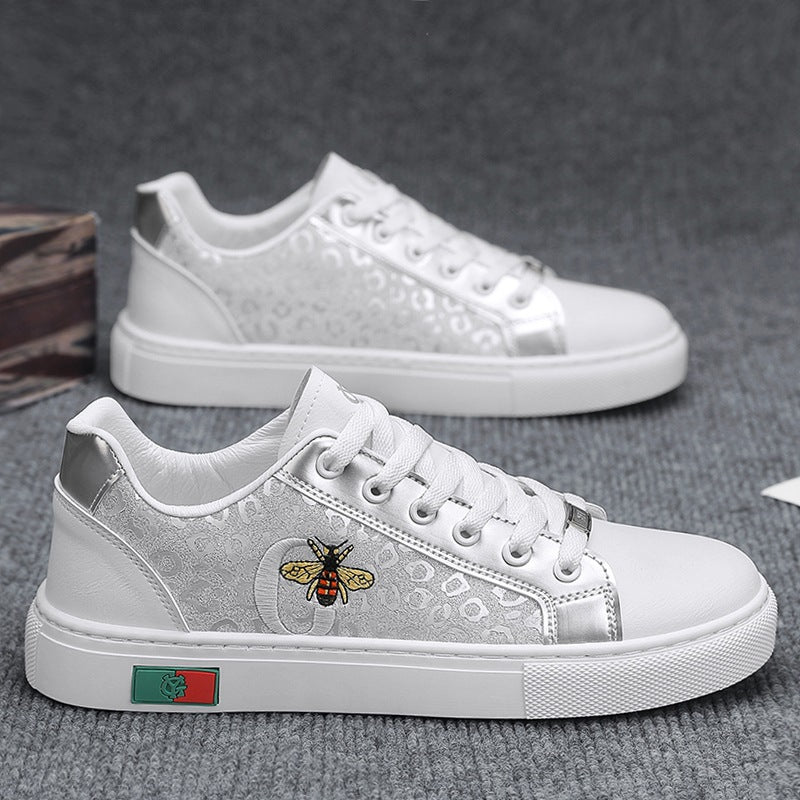 Damen verzierte Low-Top Sneaker mit Bienen-Stickerei und goldener Animal-Print-Optik Drune
