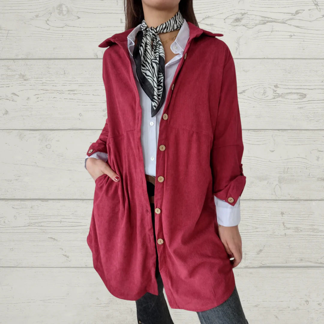 Damen Langarmhemdjacke mit strukturiertem Corddesign und praktischen Taschen Drune