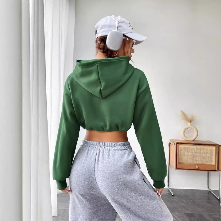 Damen cropped Hoodie mit gesticktem Schriftzug und Kordelzug Drune