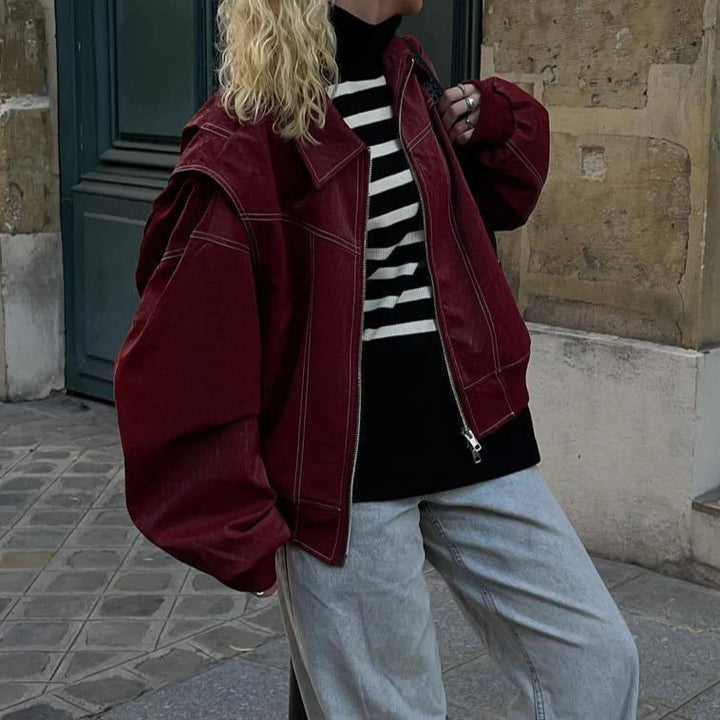 Damen Kunstlederjacke mit elastischen Bündchen und hochschließendem Kragen Drune