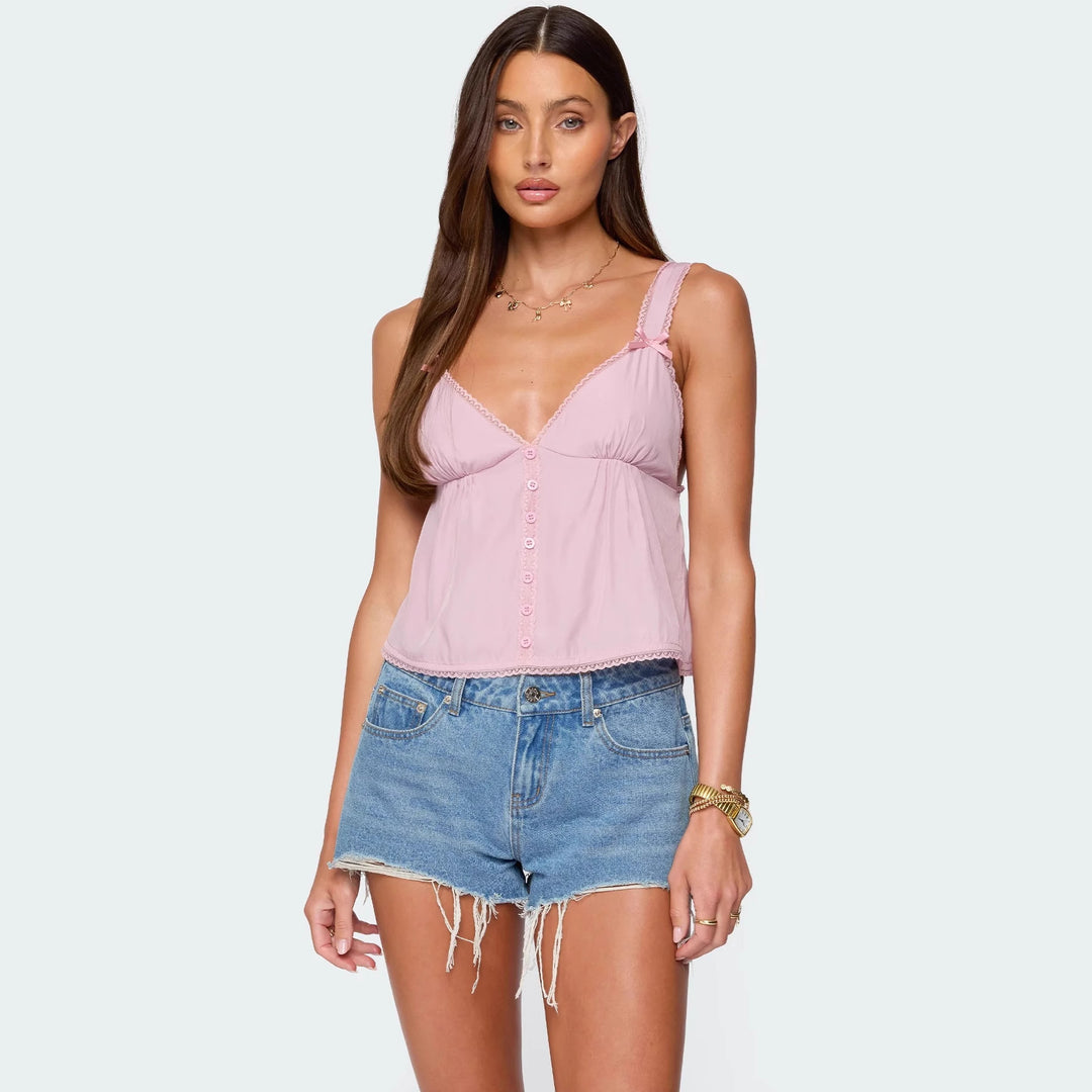 Damen Crop-Top aus feiner Baumwolle mit dekorativen Knopfdetails Drune