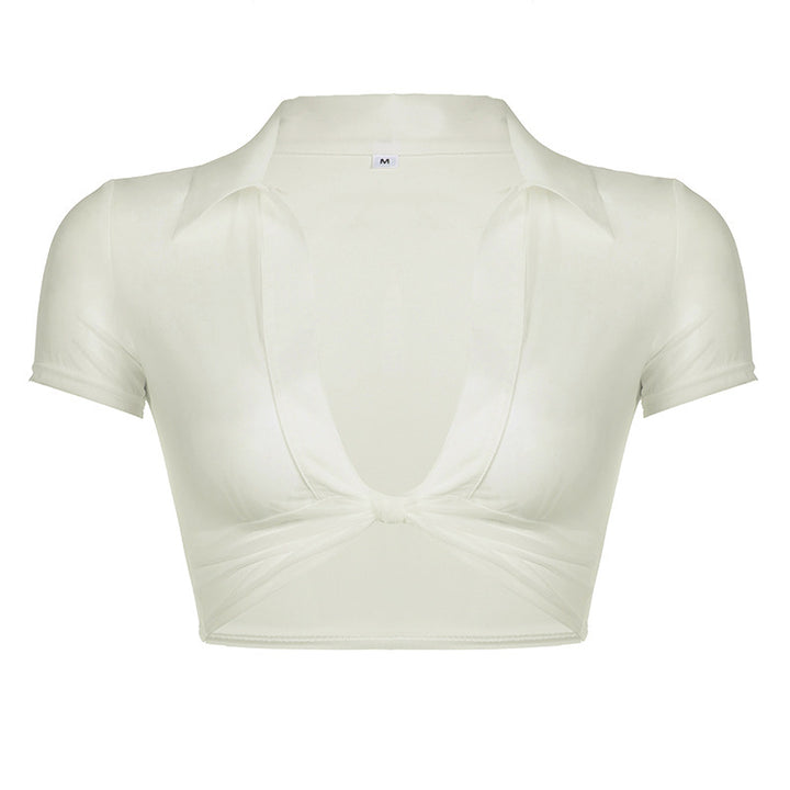 Damen Moderne cropped Bluse mit tiefem V-Ausschnitt und verspieltem Knoten Drune