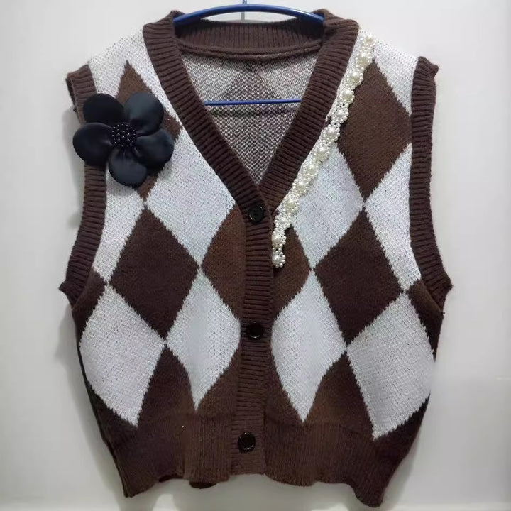 Damen Strickweste mit modernem Rautenmuster und eleganter Knopfdetail Drune