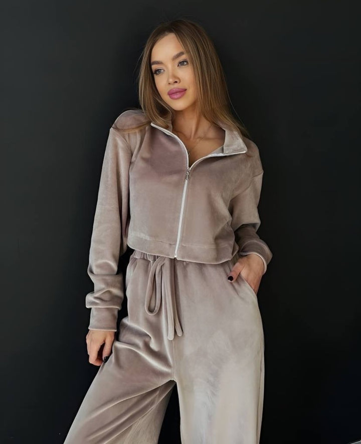Damen Modischer cropped Fleece-Jogginganzug mit hoch schließendem Kragen Drune