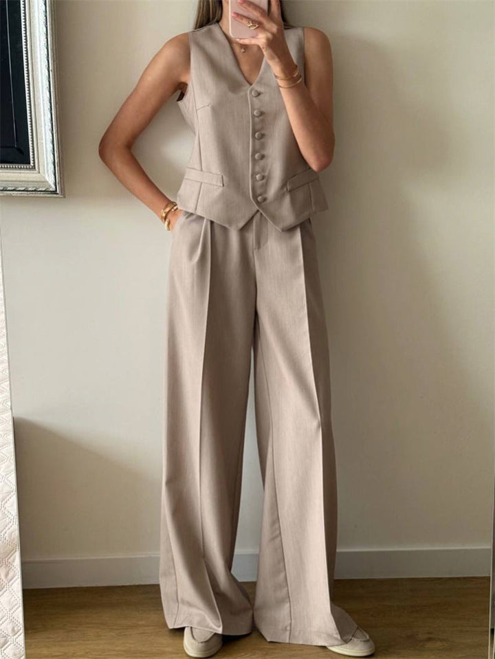 Damen elegantes 3-teiliges Anzug-Set mit ärmelloser Weste und weiten Hosen Drune