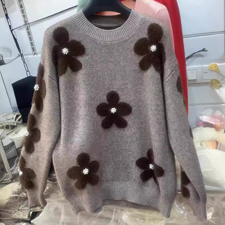 Damen kuscheliger Strickpullover mit Perlenakzenten Drune
