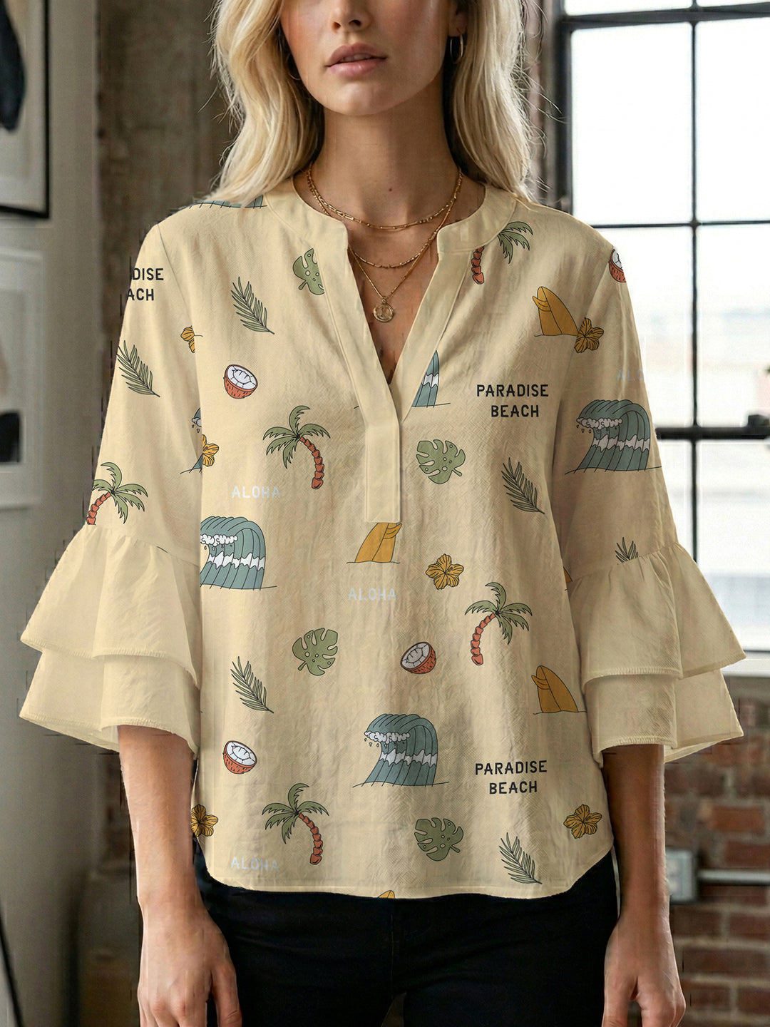 Damen Bluse mit voluminösen Rüschenärmeln und floralem Druck Drune
