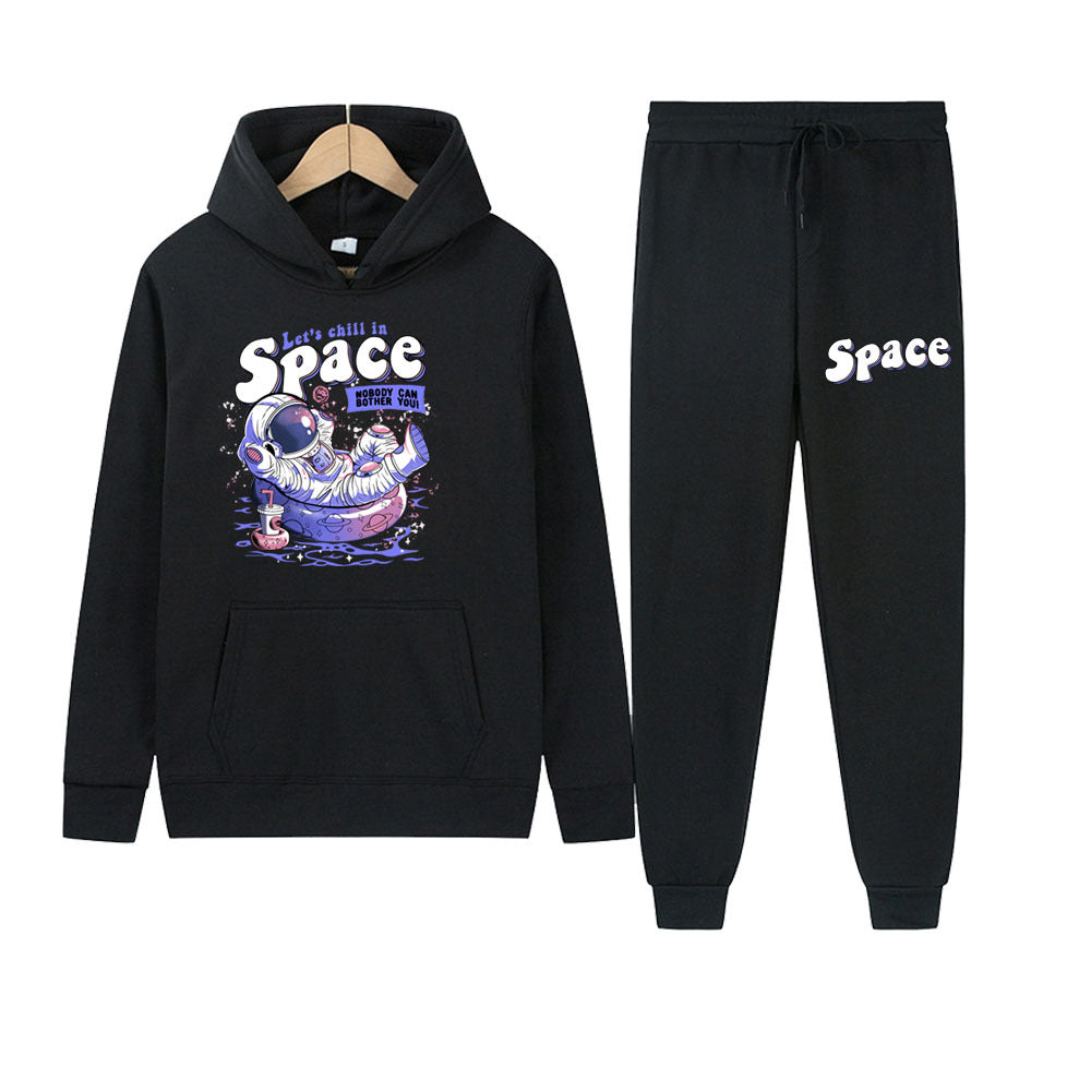 Damen lässiges Hoodie- und Jogginghose-Set mit kreativem Astronauten-Print Drune