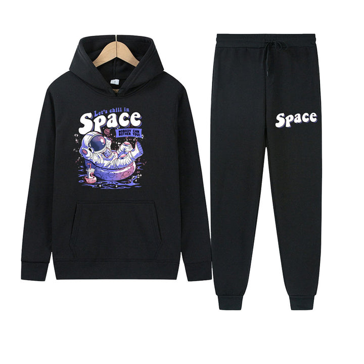 Damen lässiges Hoodie- und Jogginghose-Set mit kreativem Astronauten-Print Drune