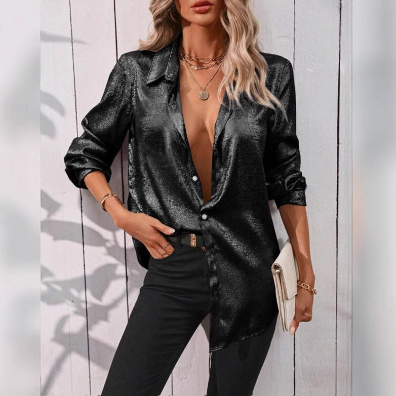 Damen Elegante Seidenbluse mit glänzender Oberfläche Drune