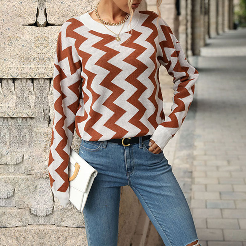 Damen lässiger Strickpullover im modernen Zickzackmuster Drune