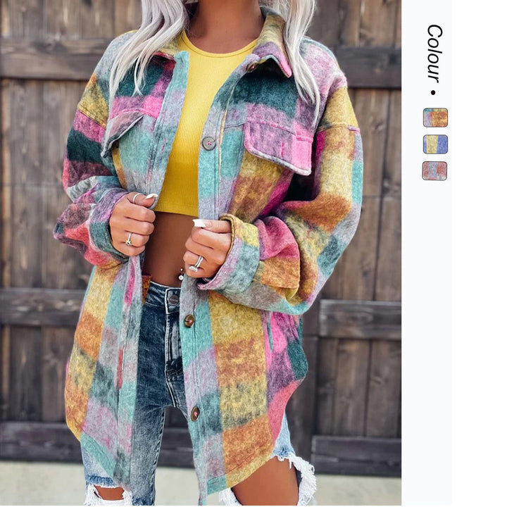 Damen Karo Oversize-Hemdjacke aus weichem Wollmaterial mit praktischen Taschen Drune