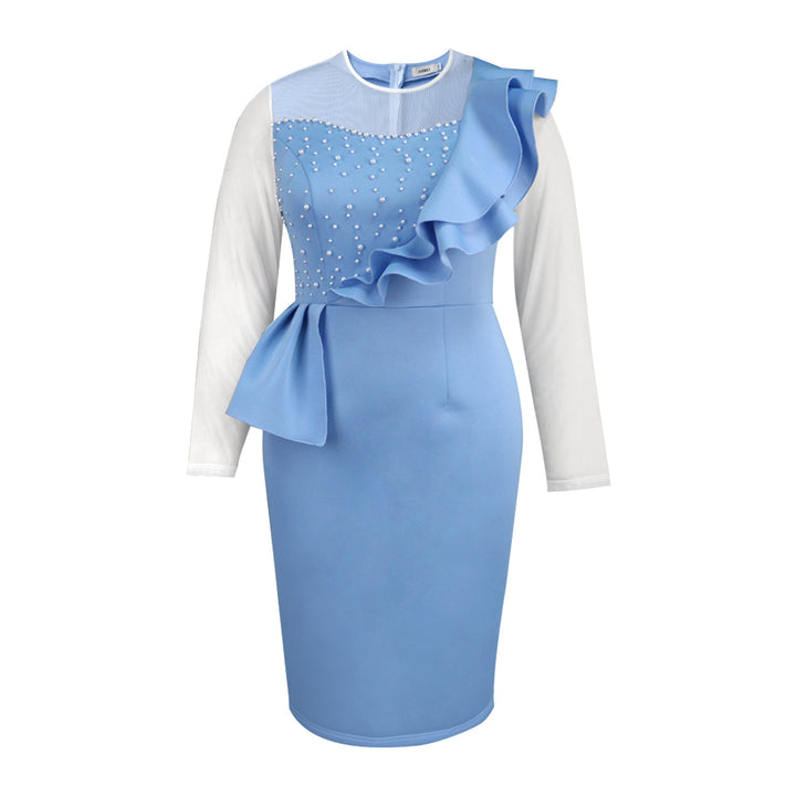 Damen elegantes Kleid mit Rüschen und Perlenapplikationen Drune