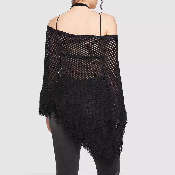 Damen Transparente Netz Poncho mit Fransen Drune
