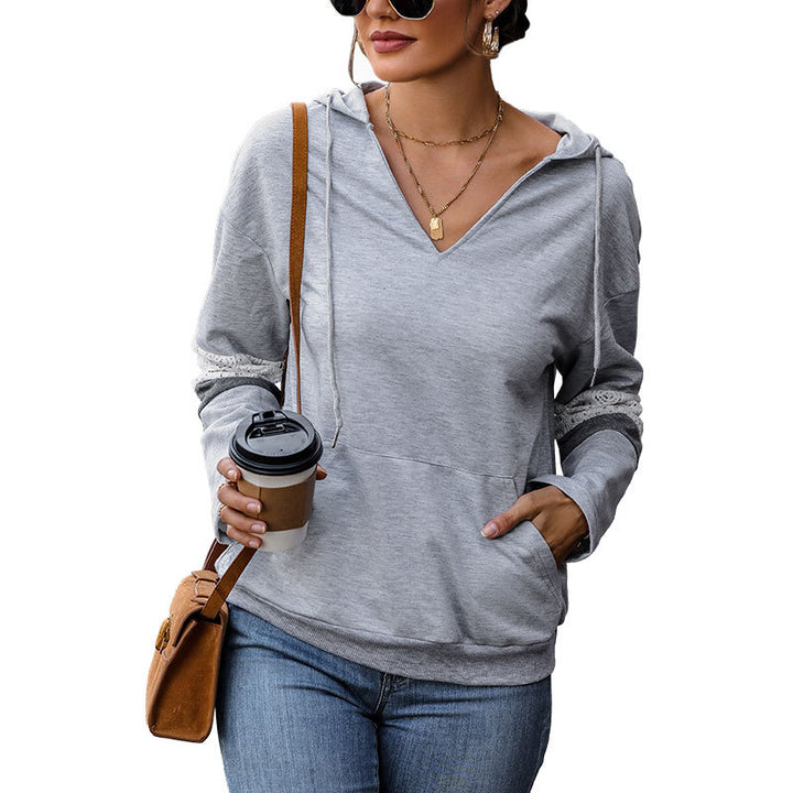 Damen lässiger Hoodie mit elegantem V-Ausschnitt und modischen Kontrastdetails Drune