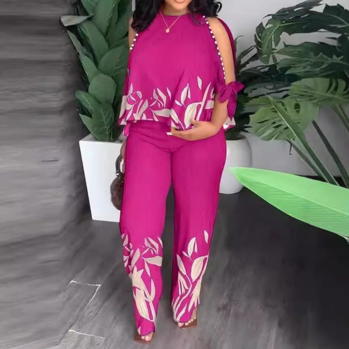 Damen Elegant gestaltetes Sommeroutfit mit floralem Design und Schulterfreiem Oberteil Drune