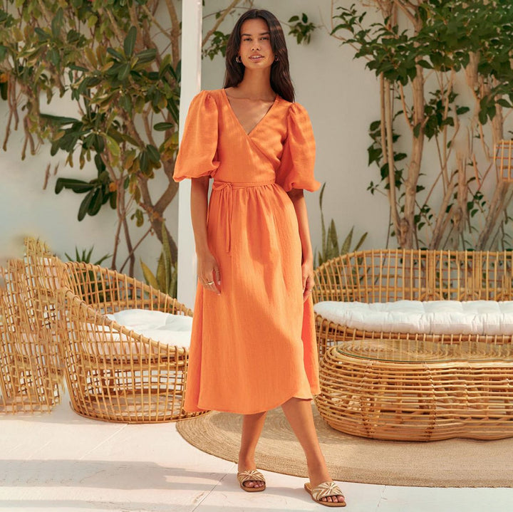 Damen lässiges Leinenkleid mit Ballonärmeln und tailliertem Gürtel Drune