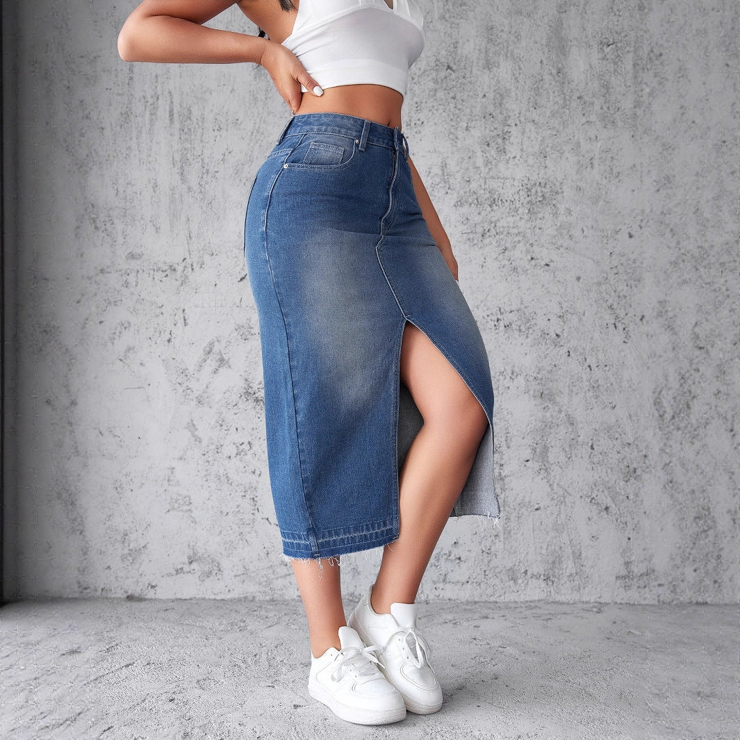 Damen Denim-Midirock mit hohem Schlitz und fransigem Saum Drune