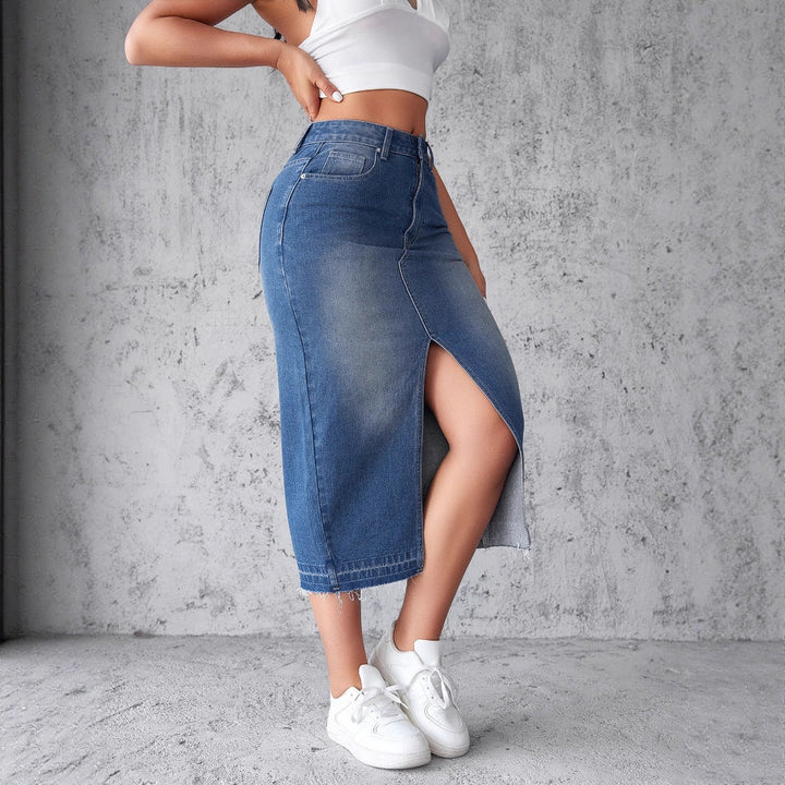 Damen Denim-Midirock mit hohem Schlitz und fransigem Saum Drune