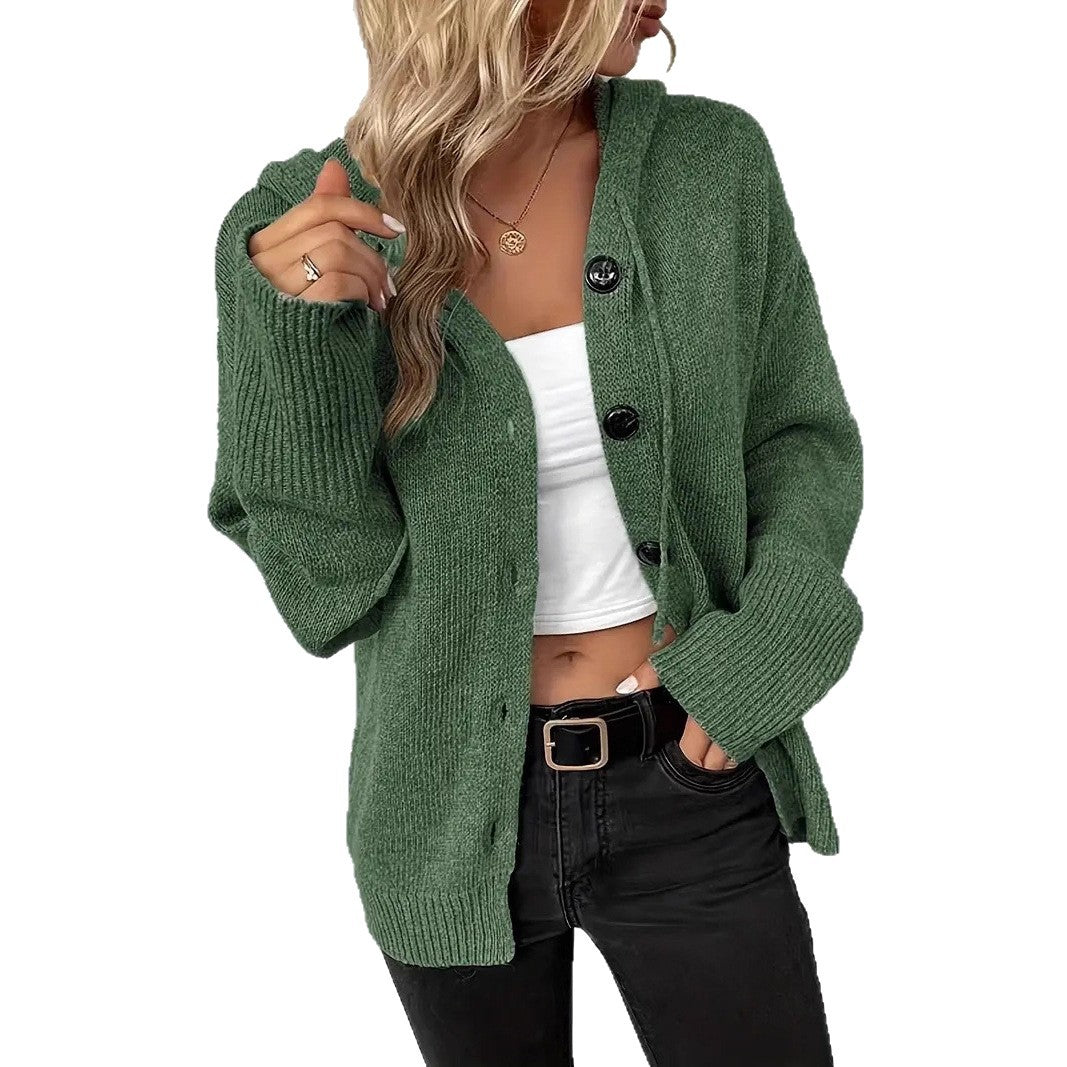 Damen gemütliche Strickjacke mit Kapuze und großen Knöpfen Drune