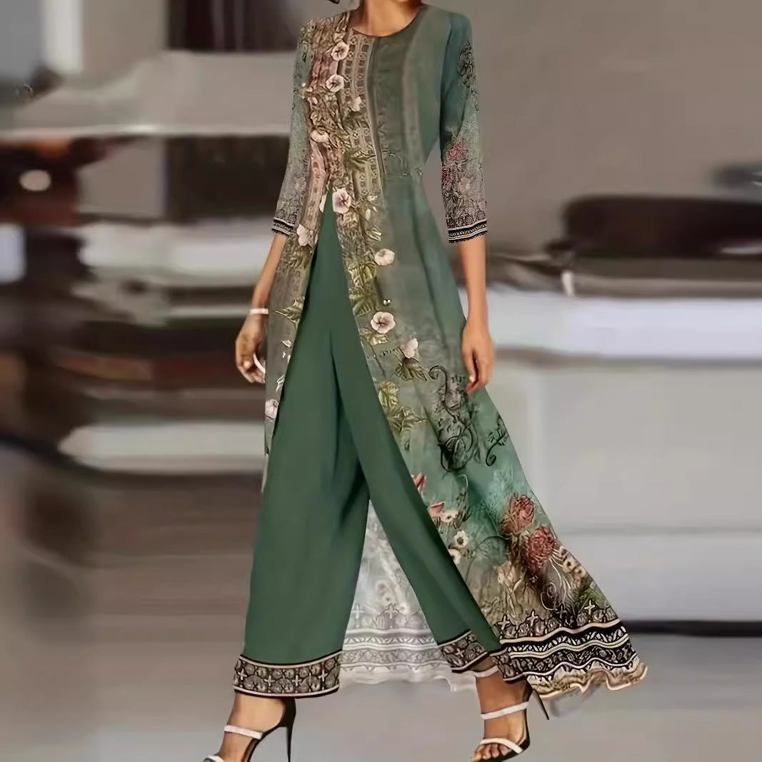 Damen elegantes Jumpsuit mit floralem Überwurf und weitem Bein Drune