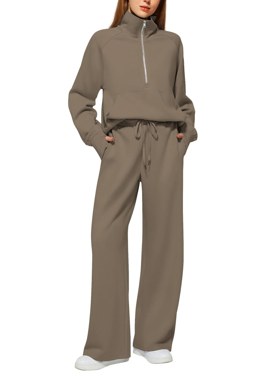 Damen Sportliches Fleece-Kombinationsset mit hohem Kragen und seitlichen Taschen Drune