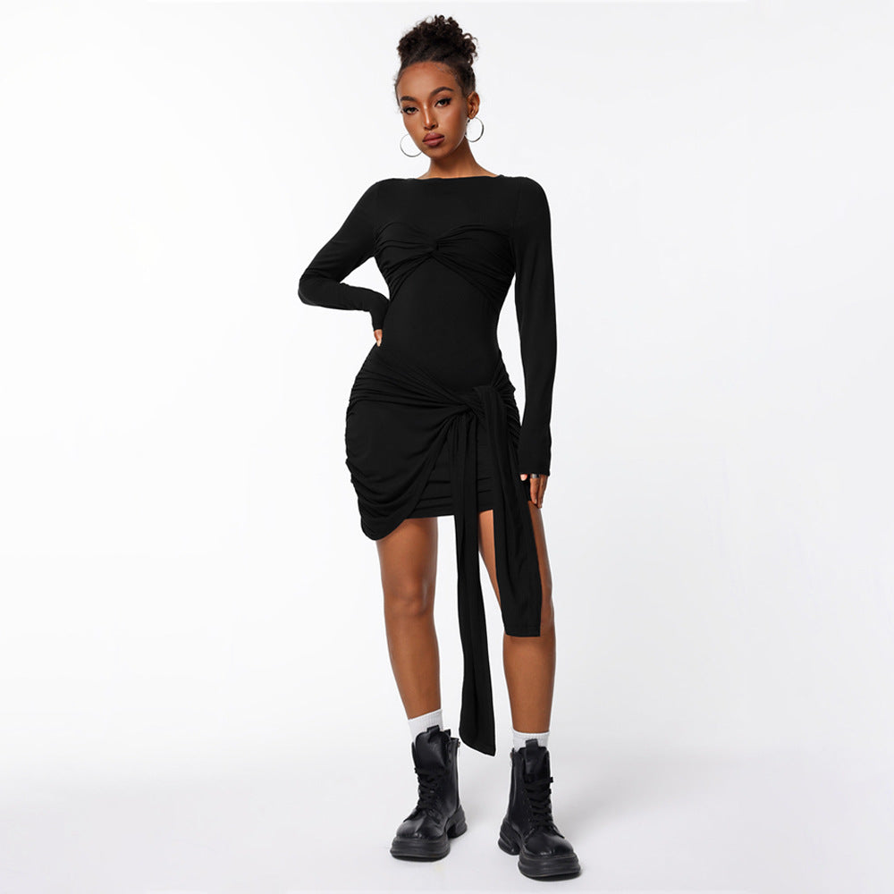 Damen figurbetontes Wickelkleid mit langen Ärmeln und seitlichem Raffungseffekt Drune