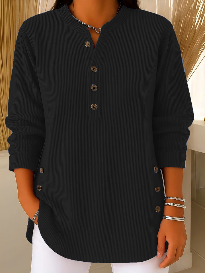 Damen nan plissee Tunika-Bluse mit Stehkragen, Knopfleiste und seitlichen Zierknöpfen Drune
