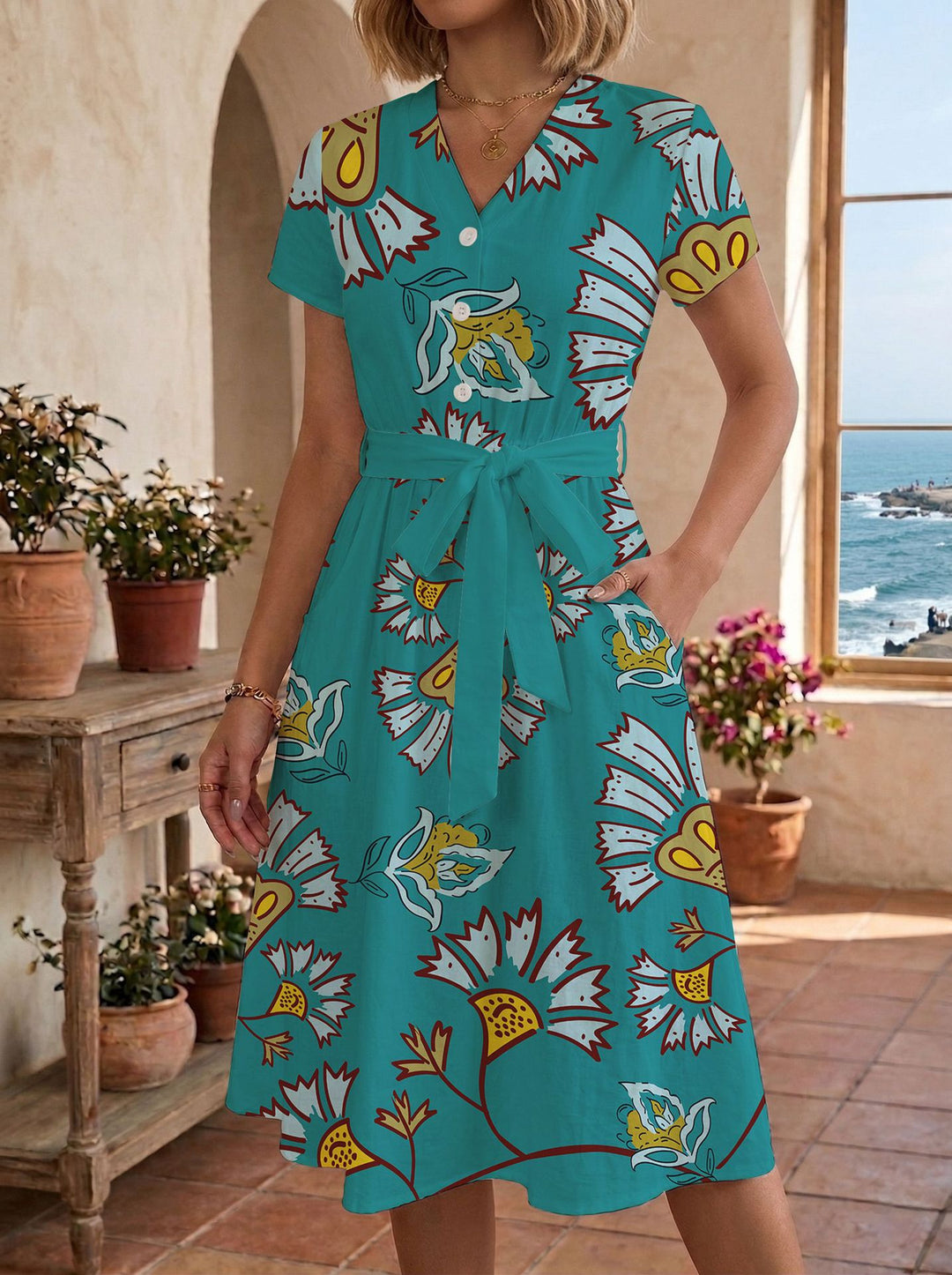 Damen Sommerliches Kleid mit taillierbarem Bindegürtel und floralem Muster Drune