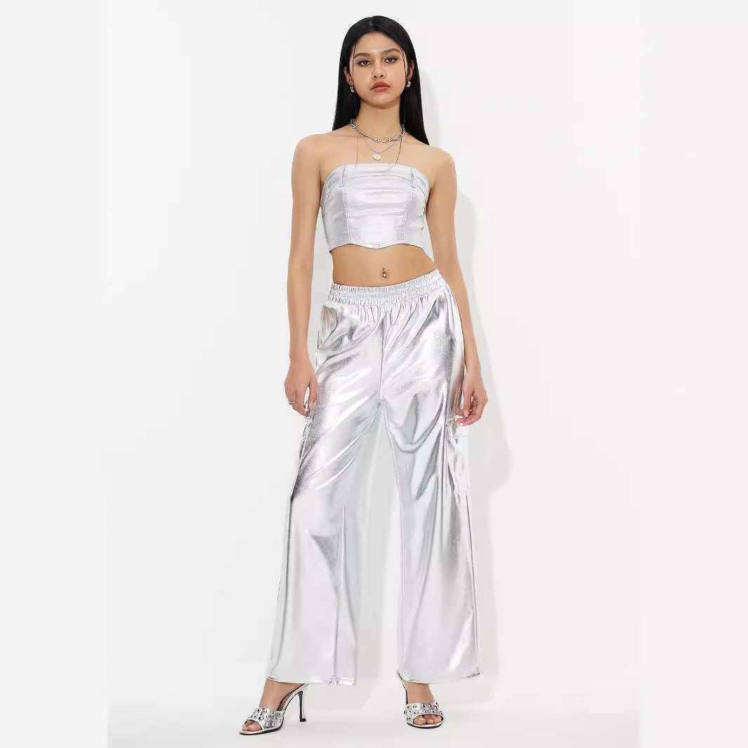 Damen Cargo-Hosen im glänzenden Metallic-Look mit elastischem Bund Drune