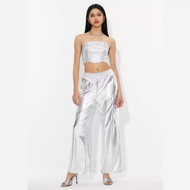 Damen Cargo-Hosen im glänzenden Metallic-Look mit elastischem Bund Drune
