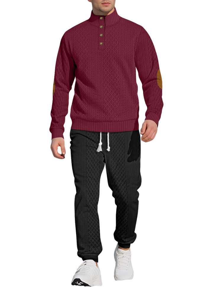 Herren nan strukturiertes Strick-Freizeitset mit Halbknopf-Stehkragen Wildleder-Ellbogenpatches und Kordelbund-Jogger Drune