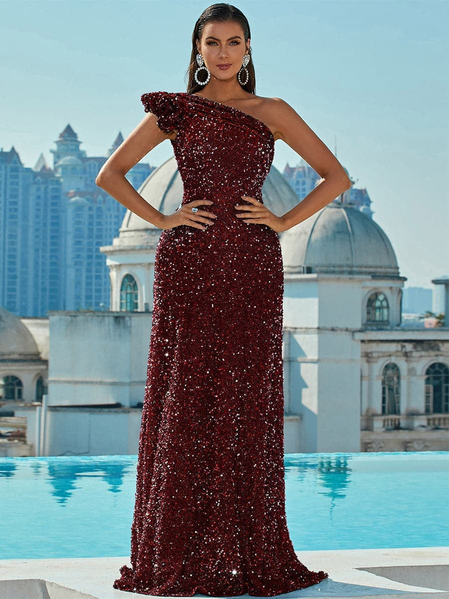 Damen Glamouröses Abendkleid mit asymmetrischem Design und Paillettenbesatz Drune