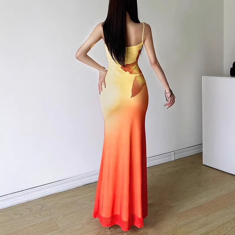 Damen figurbetontes Abendkleid mit Spaghettiträgern und Farbverlauf Drune