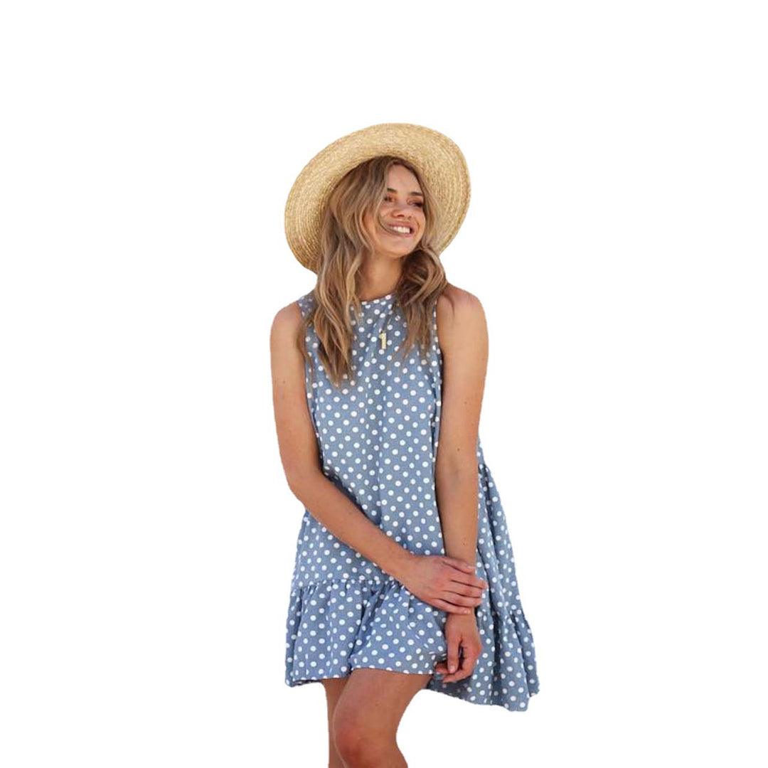 Damen Freizeitkleid mit rüschengesäumtem Rock und polka-dots Drune