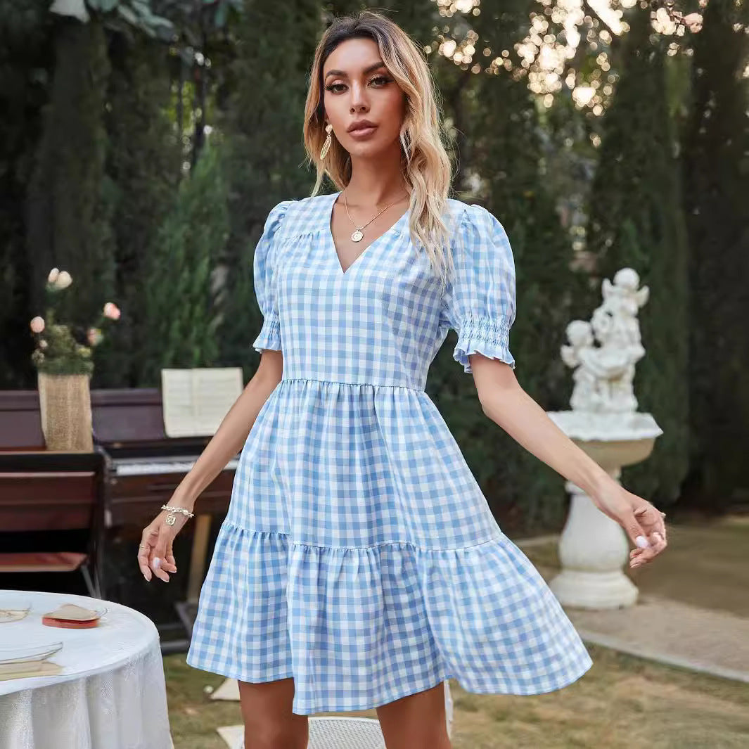 Damen Gingham-Kleid mit Volant und Puffärmeln Drune